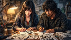 兩位動漫風格的藝術家在檯燈下的雜亂工作室中繪製漫畫分鏡。 — 爆音隊 壁紙