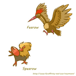 兩隻名為Fearow和Spearow的卡通寶可夢鳥，有紅色的眼睛和棕色的羽毛。 — 電玩遊戲 GIF 壁紙