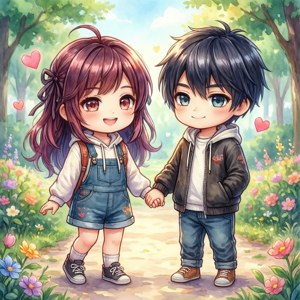 兩個微笑的動畫小孩在開滿鮮花的花園裡手牽手，周圍漂浮著心形。