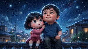 兩個小孩在星空下的屋頂上擁抱。