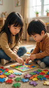 兩個年幼的孩子專注於在地毯上解決一個彩色木製拼圖。