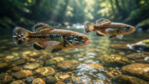兩條小魚在陽光照射的森林溪流中游過鵝卵石。