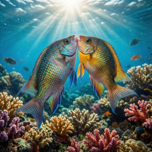 兩條色彩繽紛的魚在陽光照射的珊瑚礁中依偎。