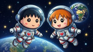 兩個微笑的動漫孩子穿著太空服漂浮在地球上空，周圍有星星。