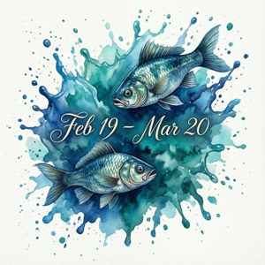 兩條魚從藍色水彩飛濺中躍起，日期為2月19日、3月20日。