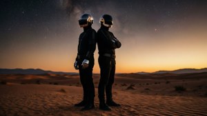 兩個戴著頭盔的音樂家在暮色中站在星空下的沙漠中。