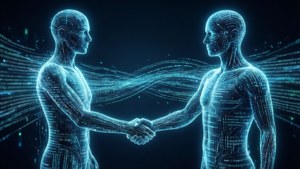 兩個發光的數位人在充滿數據的未來場景中握手。