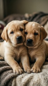 兩隻黃金獵犬幼犬在舒適的毛毯上一起依偎。