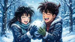 兩個微笑的動漫青少年在雪地森林裡分享一個雪球。