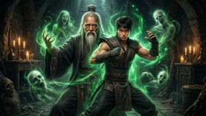 兩位武術家在昏暗的石室中召喚綠色能量，周圍有幽靈般的靈魂。
