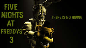 Five Nights at Freddy's 3 中的兩個可怕機械角色，綠色文字寫著無處可藏。 — 恐怖反派 壁紙