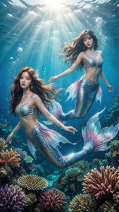 兩條美人魚在陽光穿透水面的 vibrant 珊瑚礁中游動。
