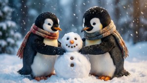 兩隻戴著圍巾的企鵝在雪森林中堆雪人。