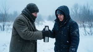 兩個穿著冬季外套的人在雪地裡分享一個保溫瓶。