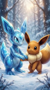 伊布和冰伊布在雪地森林場景中手牽手。