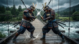 兩名身穿鎧甲的武士在暴風雨中於木製吊橋上持劍戰鬥。
