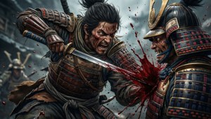 兩名身穿鎧甲的武士正在進行血腥的劍鬥。
