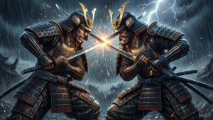 兩名身穿盔甲的武士戰士在閃電和雨的風暴中交鋒。