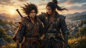 兩名武士戰士俯瞰著日落時分的日本村莊。