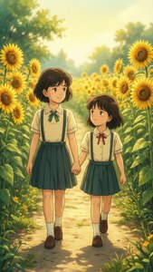 兩名穿著校服的年輕女孩手牽手走過向日葵田。
