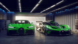 兩輛綠色Bugatti超跑停在現代化車庫中，頭頂有明亮的燈光。 — 布加迪 GIF 壁紙