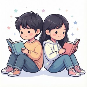 兩個孩子背對背坐著看書，星星在他們周圍。 — Pixel Watch 4 壁紙