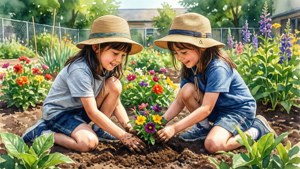 兩個孩子在陽光明媚的日子裡在充滿活力的花園裡種花。