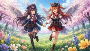 兩個有翅膀的動漫女孩穿著校服，奔跑在色彩繽紛的花田中。