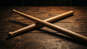 兩支木製鼓棒交叉放在質樸的木桌上。