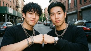 兩名黑衣男子在城市街道上鎖拳，背景有磚砌建築和汽車。