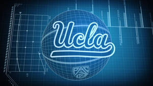 UCLA 標誌顯示在帶有數據圖表的數位藍圖上。 — 籃球 壁紙