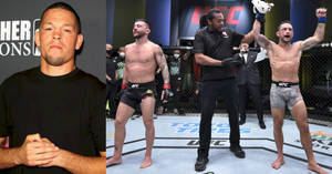 UFC拳手在八角籠中贏得比賽，裁判舉起他的手。 — 終極格鬥冠軍賽 壁紙