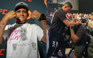 UFC拳手舉拳擺姿勢，另一名拳手在場館中被粉絲擁抱。 — 終極格鬥冠軍賽 壁紙