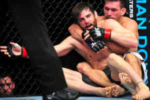 兩名男性MMA拳手在八角籠內進行纏鬥比賽。 — 運動 壁紙