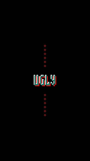 像素化單詞 ugly 以紅色和藍綠色顯示在帶有虛線的黑色背景上。 — 像素藝術 壁紙