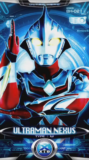 Ultraman Nexus 身穿藍色和紅色套裝，眼睛發光，背景為未來介面。 — 電視 壁紙