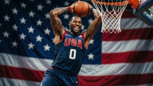 美國籃球運動員在身後有旗幟的情況下灌籃。