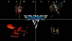 Van Halen 樂團成員在舞台上表演，帶有戲劇性燈光和標誌。 — 岩石 壁紙