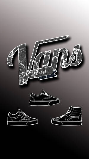 Vans 標誌及三個白色鞋款輪廓，置於漸變灰色背景上。 — Vans 標誌 壁紙
