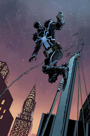 Venom 在繁星點點的暮色天空下於摩天大樓之間擺盪。 — 2:3 壁紙
