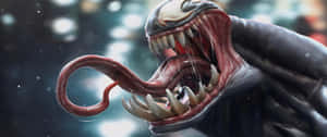 Venom 在黑暗的城市夜晚中張開嘴露出獠牙。 — 漫威復仇者聯盟 壁紙