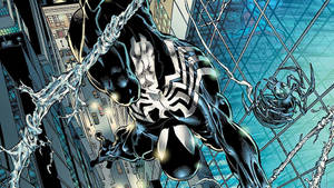 Venom 在城市中擺盪，背上附著一個蜘蛛共生體。 — 蜘蛛人 壁紙