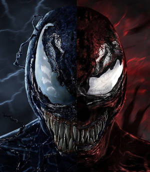 Venom 分裂面孔，深藍色和紅色兩半，背景是暴風雨和火焰。 — 猛毒 GIF 壁紙