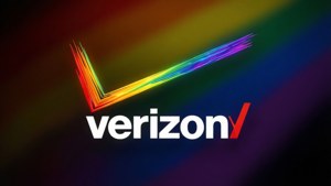 Verizon 標誌，在深色漸層背景上帶有彩色 V 符號。