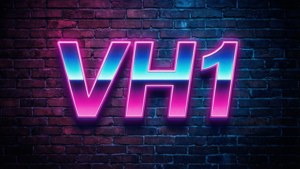 夜間在黑暗的磚牆上發出粉紅色和藍色光芒的 VH1 霓虹燈標誌。