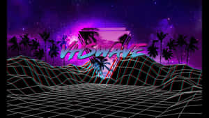 在星空紫色天空下，網格景觀上的棕櫚樹上方有霓虹粉紅色的VHS波浪文字。 — 復古90年代風格 壁紙
