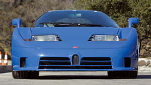 藍色Bugatti EB110跑車停在陽光明媚的道路上，附近有樹木和錐體。 — 1600x900 壁紙