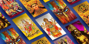 藍色背景上以鮮豔色彩呈現的印度教神祇藝術作品集。 — Maa Durga 壁紙