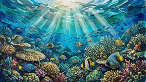 海面下的珊瑚礁、魚類和陽光。