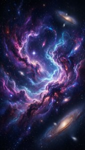 充滿活力的宇宙星雲，在深空中旋轉著發光的恆星和螺旋星系。